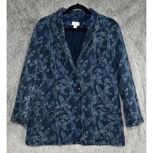 J.Jill Christian Siriano  Blue Leaf Print Denim Blazer Jacket Medium Tall